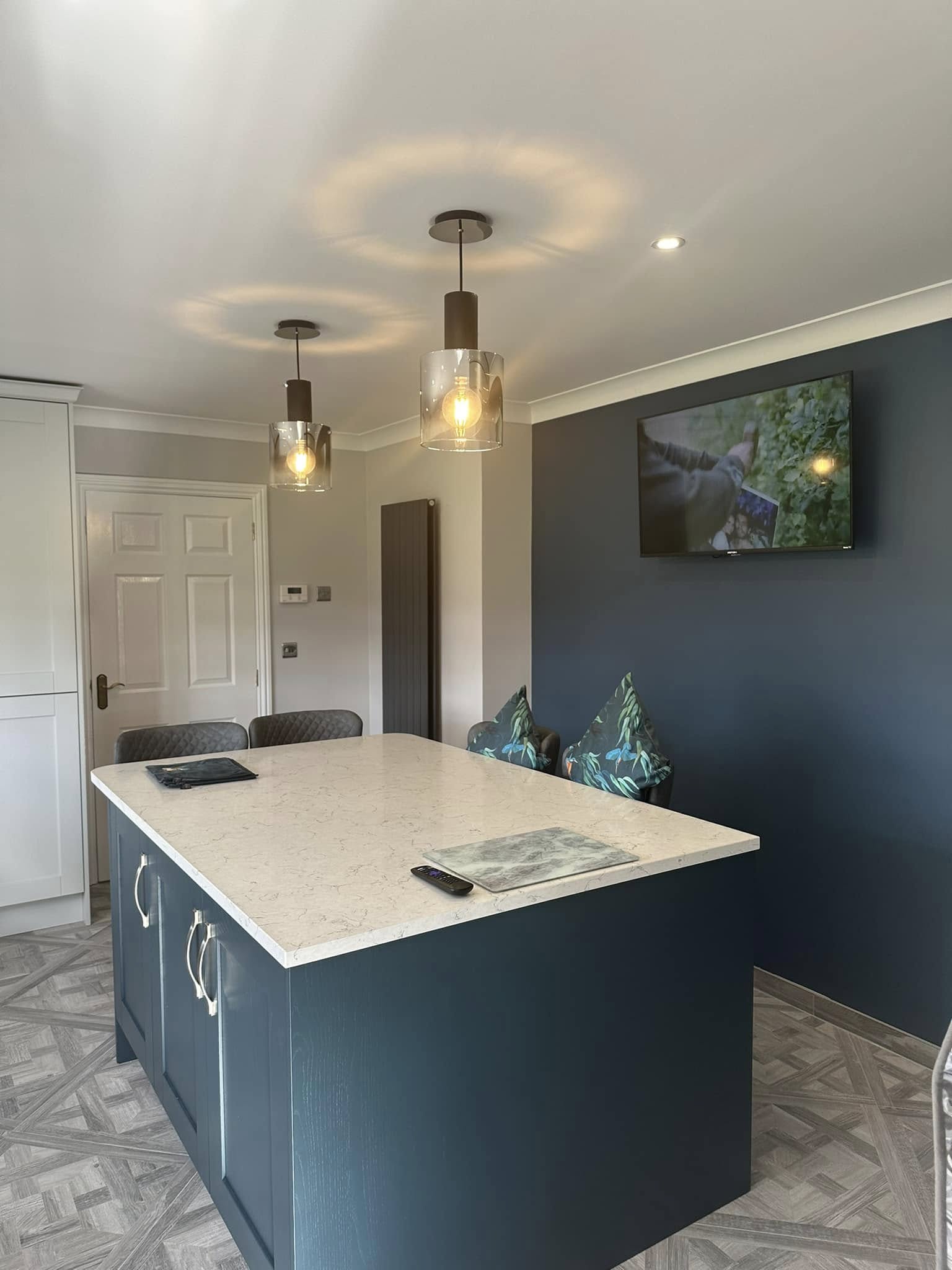 blue and lighting kitchen