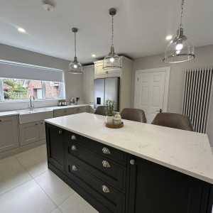 three lights in kitchen navy and white